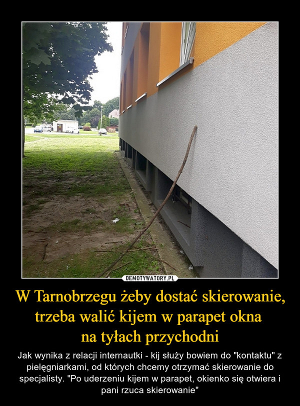 W Tarnobrzegu żeby dostać skierowanie, trzeba walić kijem w parapet okna na  tyłach przychodni – Demotywatory.pl