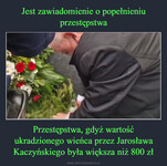 Jest zawiadomienie o popełnieniu przestępstwa Przestępstwa, gdyż wartość ukradzionego wieńca przez Jarosława Kaczyńskiego była większa niż 800 zł